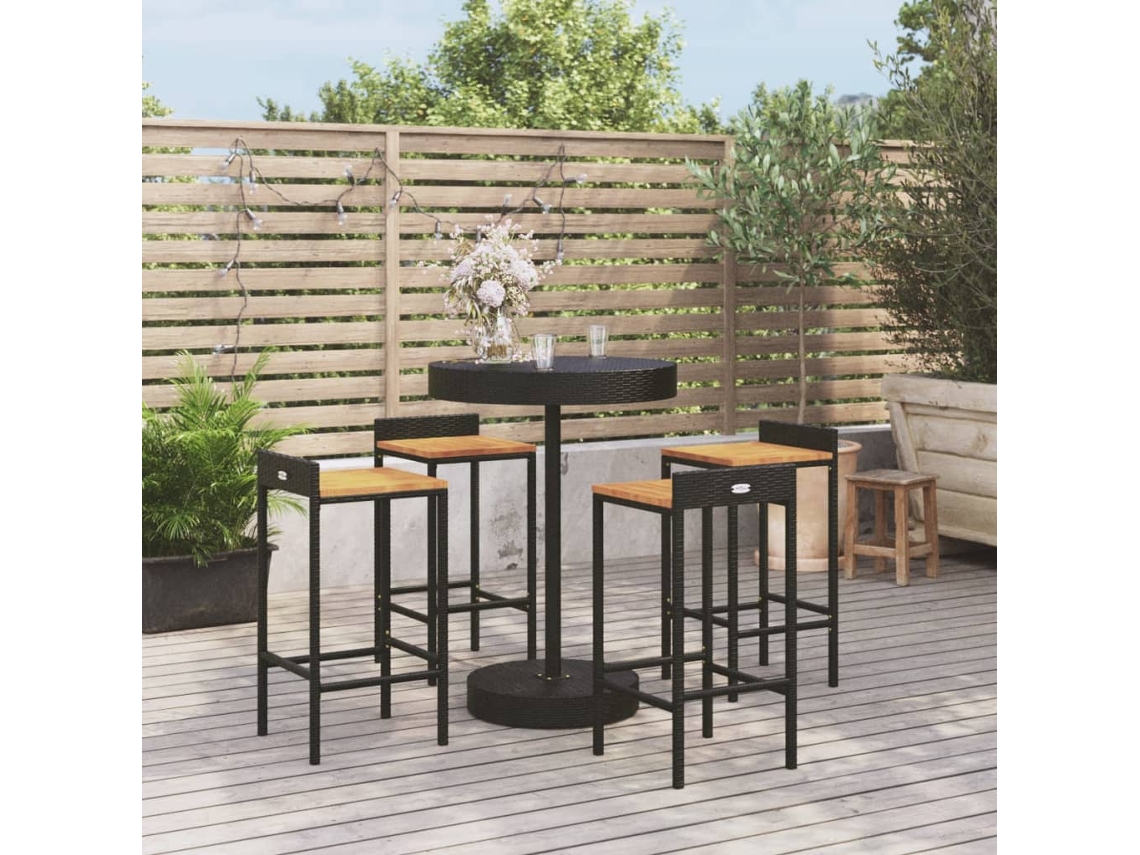 Conjunto de barra de jardín de 5 piezas de mimbre macizo de acacia negro DKD Home Decor