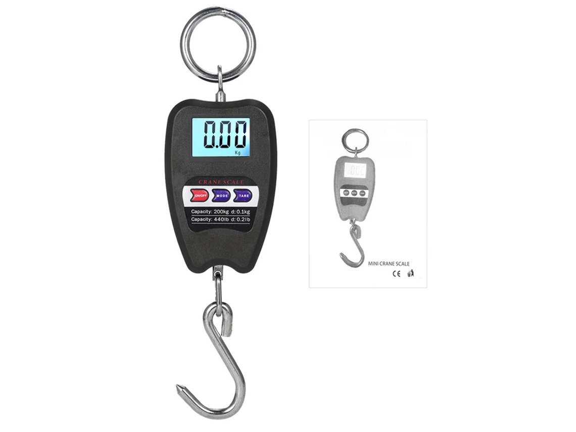 Balanza digital industrial de 200 kg (negra) con gancho.