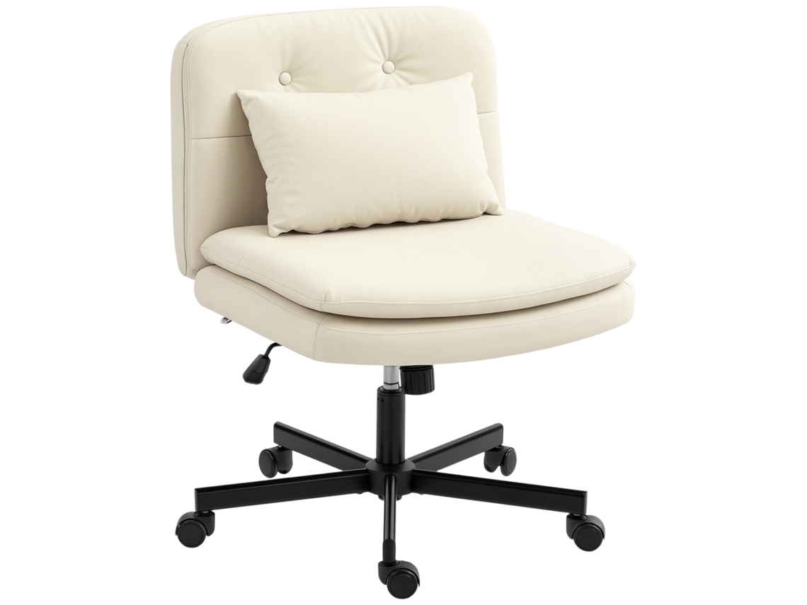 Silla de oficina beige, de piel sintética, sin brazos, con ruedas ajustables.