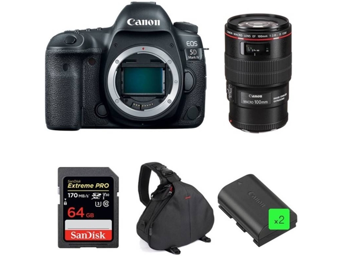 Kit Cámara Reflex CANON EOS 5D Mark IV + EF 100mm f/2.8L Macro IS USM + SanDisk 64GB + 2 LP-E6N + Bolsa