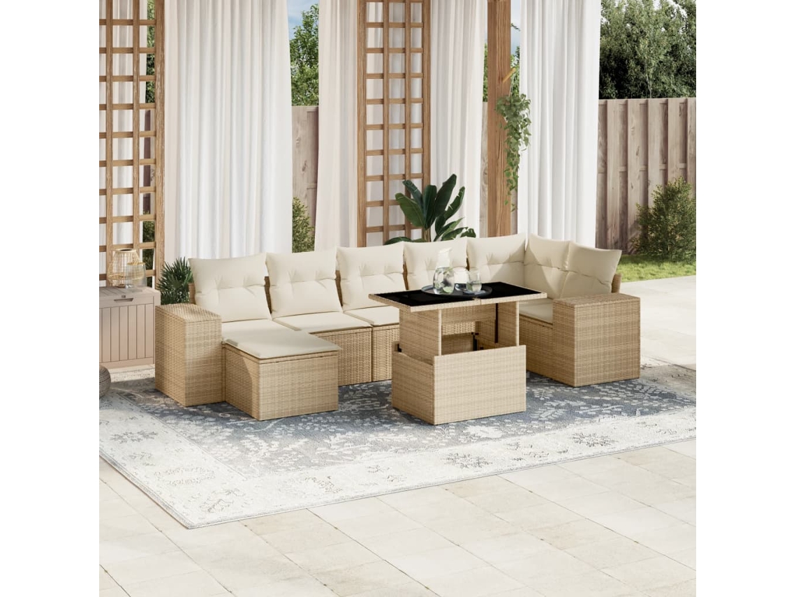 Conjunto de sofá de jardín con cojines, mimbre beige PE Dkd Home Decor