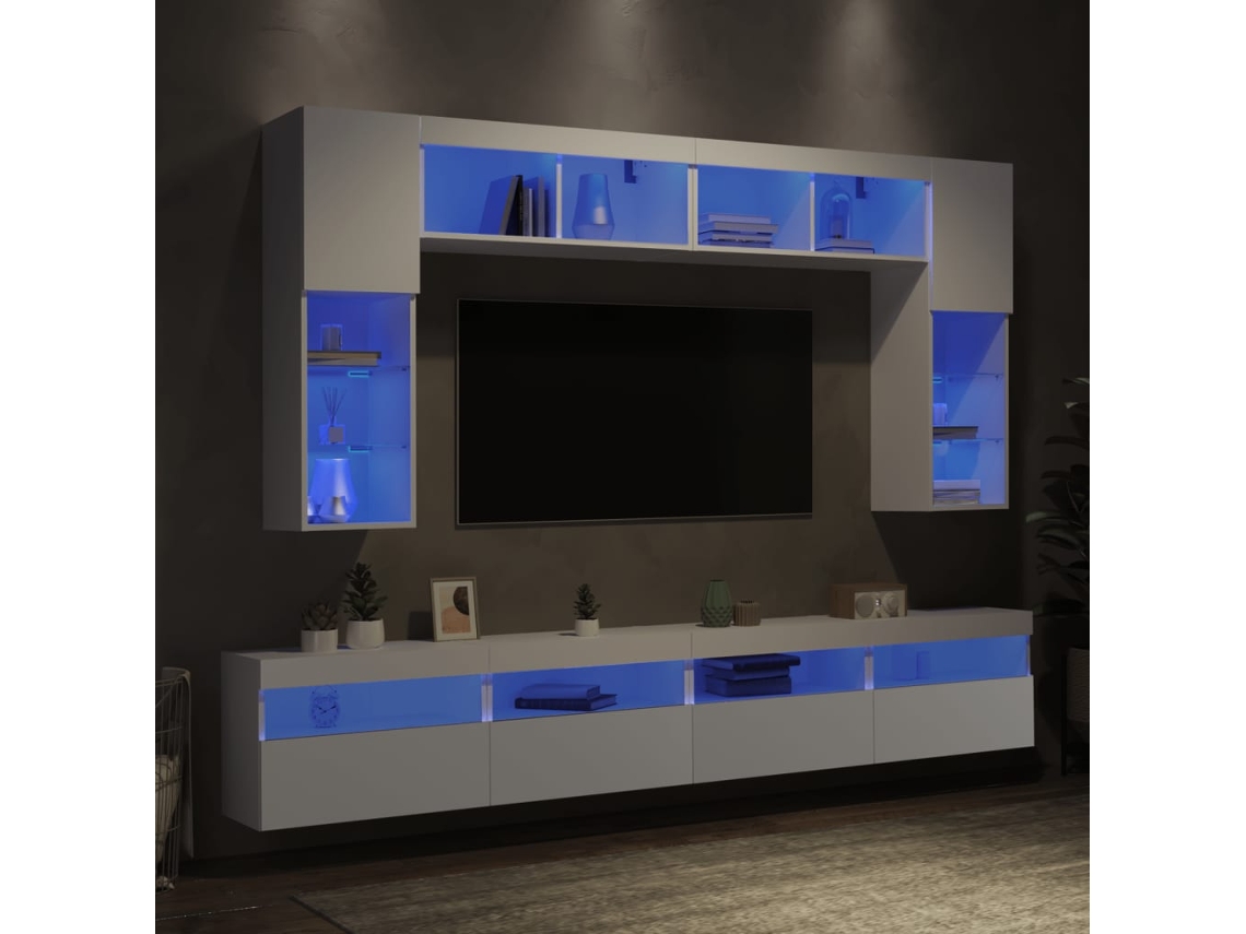 Mueble De Pared De Tv Con Luces Led 8 Uds | Armario Para Tv Blanco
