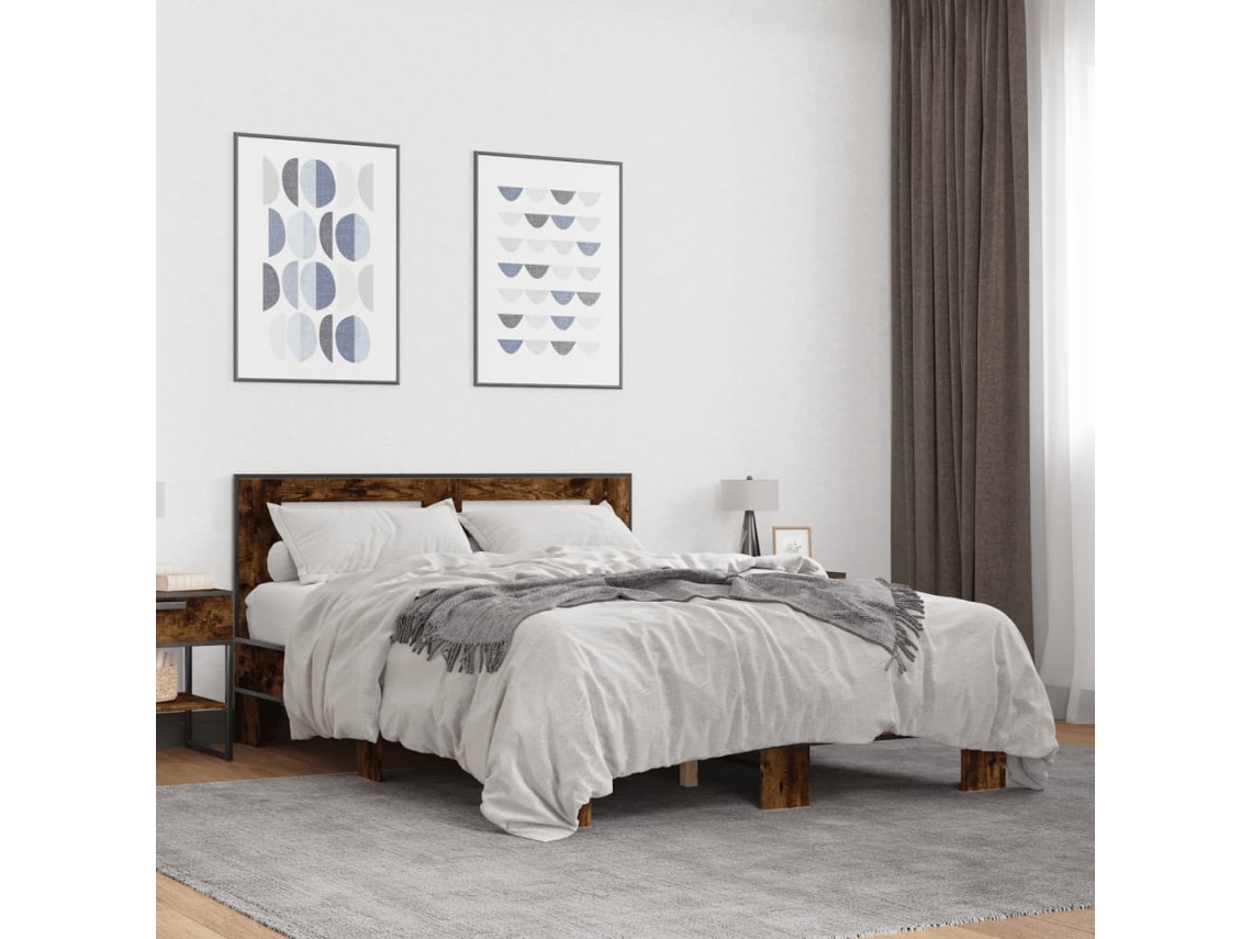Estructura Cama Madera Ingeniería Metal Roble Ahumado 135x190cm