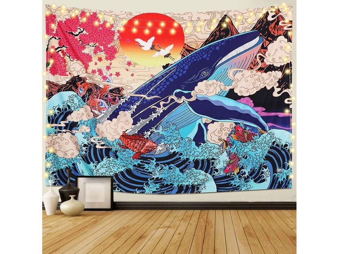Tapestry Parede Onda Mar Baleia Peixe Koi Paisagem por do Sol Decorativa XL 175x230cm