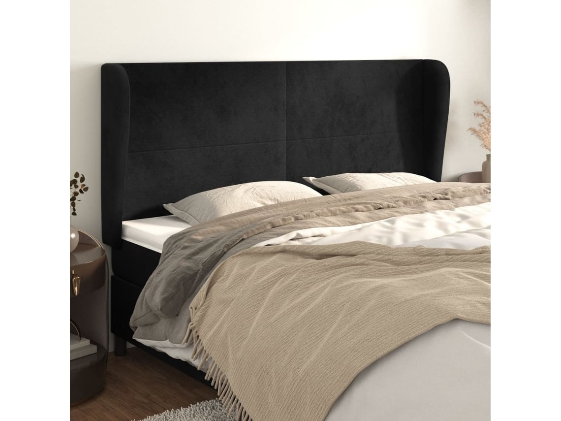 Cabecero Con Orejas De Terciopelo Negro 203x23x118/128 Cm