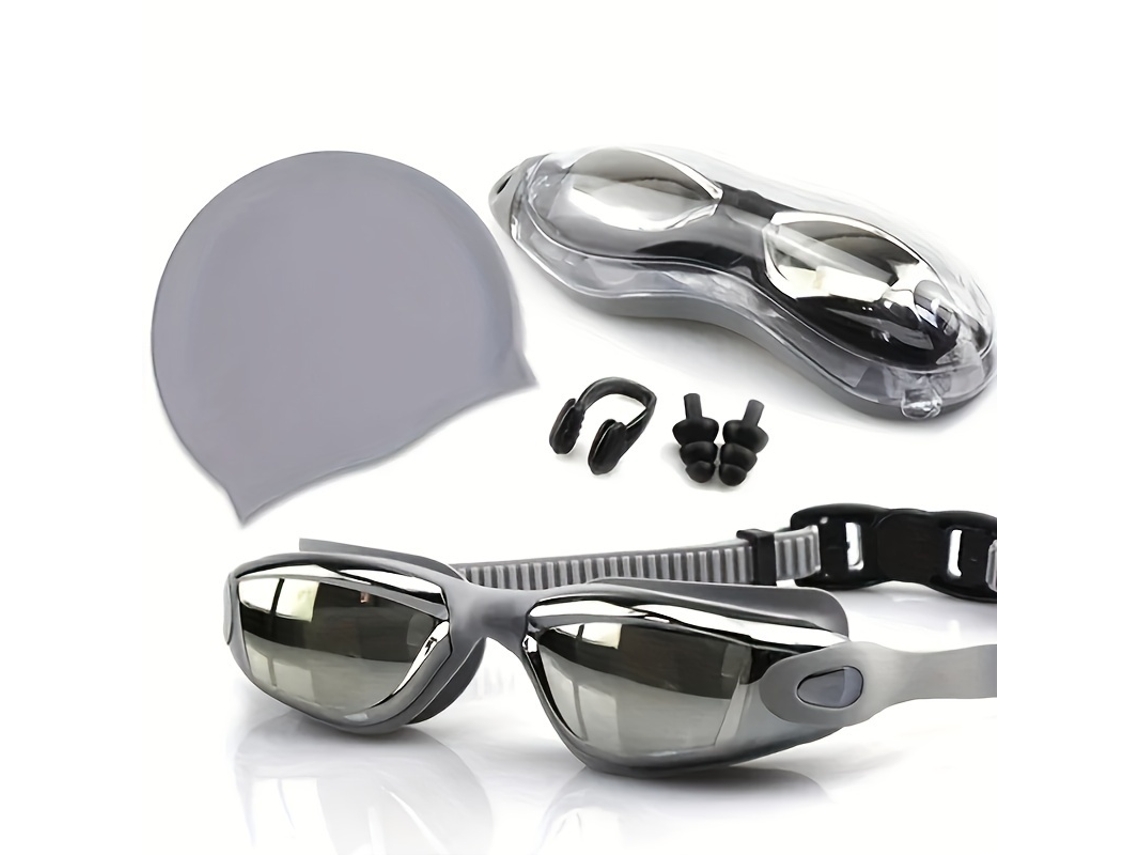 Óculos De Natação Para Adultos Com Touca De Silicone Tampões Para Os Ouvidos E Clipe Nasal (cinza)