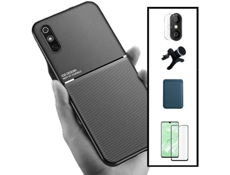 Kit Funda Magnetic Lux, Magnetic Wallet Azul, 5D Full Cover, Protector de Cámara Trasera y Soporte Magnético de Coche Reforzado Xiaomi Redmi 9A Spo...