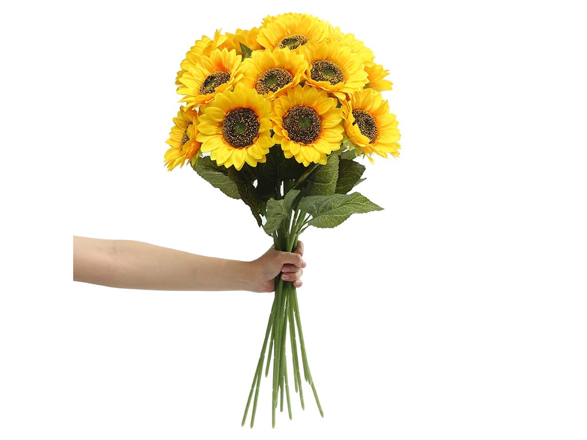 Girasoles artificiales con tallo largo, girasoles artificiales vintage, flores artificiales de seda de colores brillantes, aspecto real, montables para bodas, fiestas...