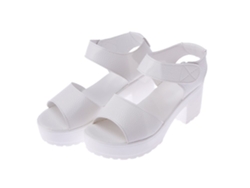 Sandalia De Mujer Con Punta Abierta Y Tacón Grueso, Cierre De Velcro, Estilo Veraniego, Piel Sintética Blanca, Talla 41.