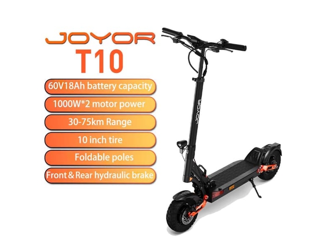 Patinete Eléctrico Plegable Joyor T10, Doble Motor De 1000 W, Batería De 60 V Y 18 Ah, Autonomía De 30-75 Km, Neumáticos Todoterreno De 10", Suspensió