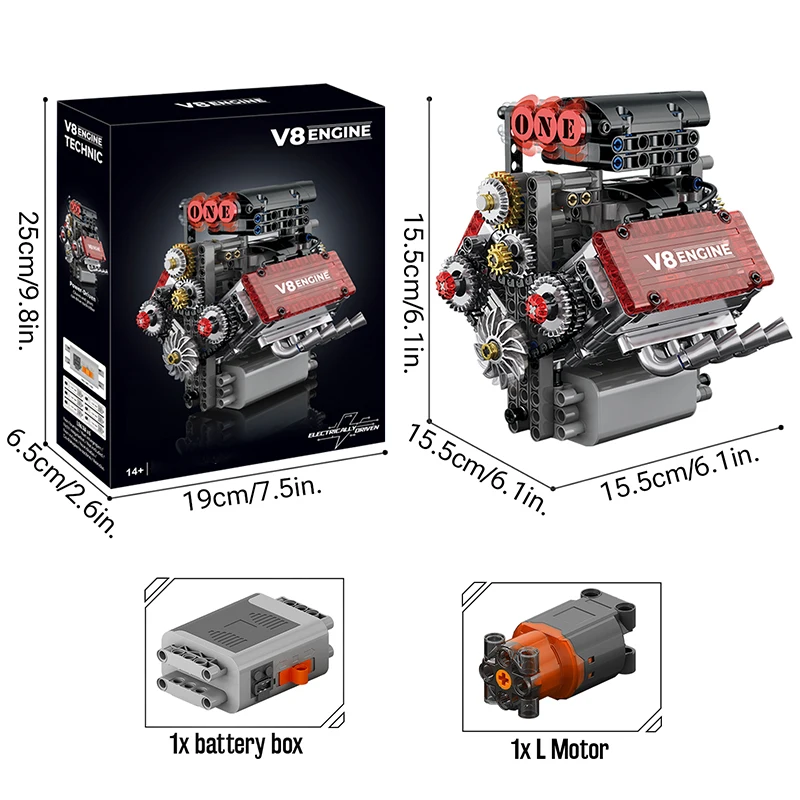Modelo de simulación de motor eléctrico V8 de Lego, propulsión eléctrica, tecnología Lego, piezas de automoción