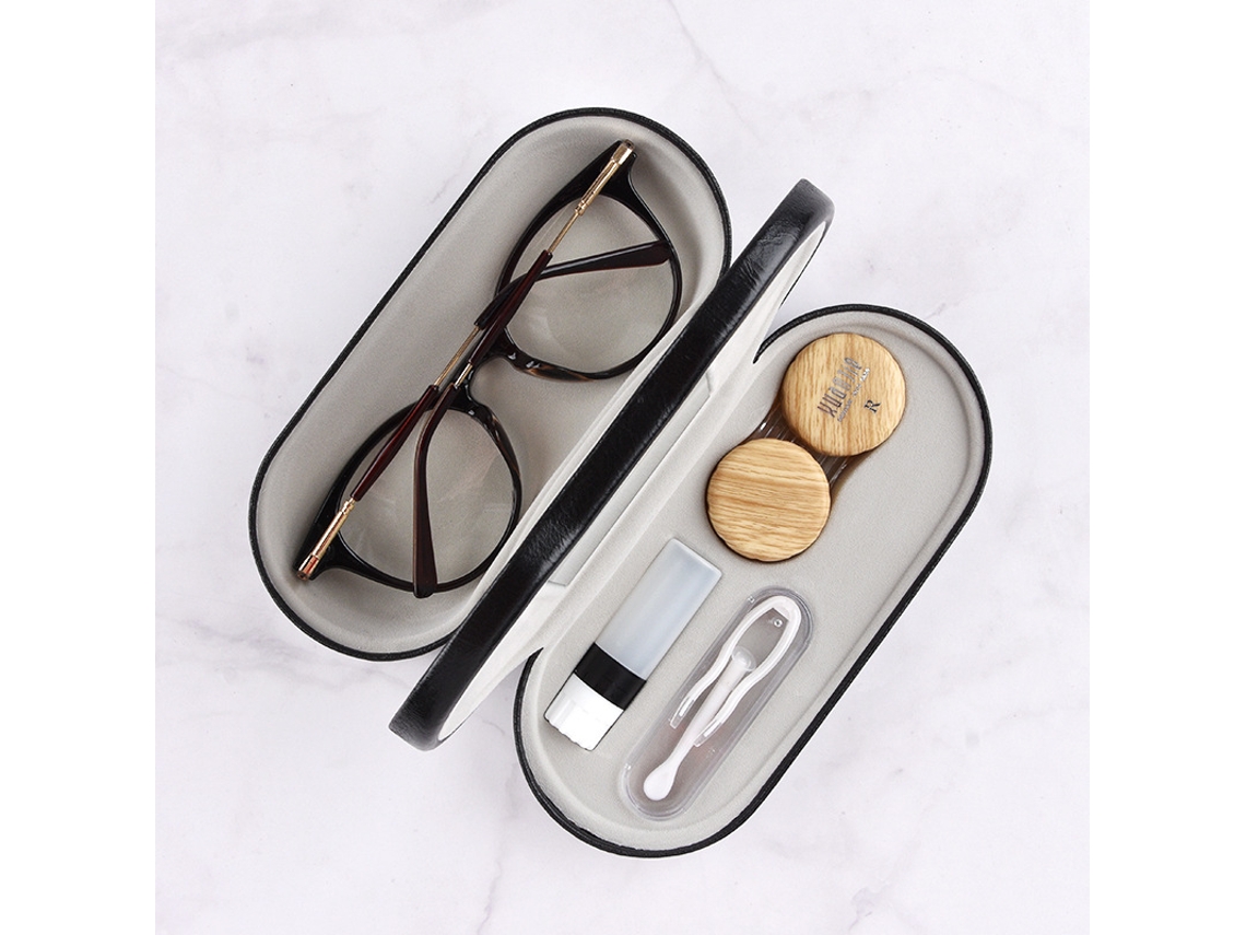 Estuche para lentes de contacto con espejo, pinzas y aplicador. Ideal para viajar. Color marrón.
