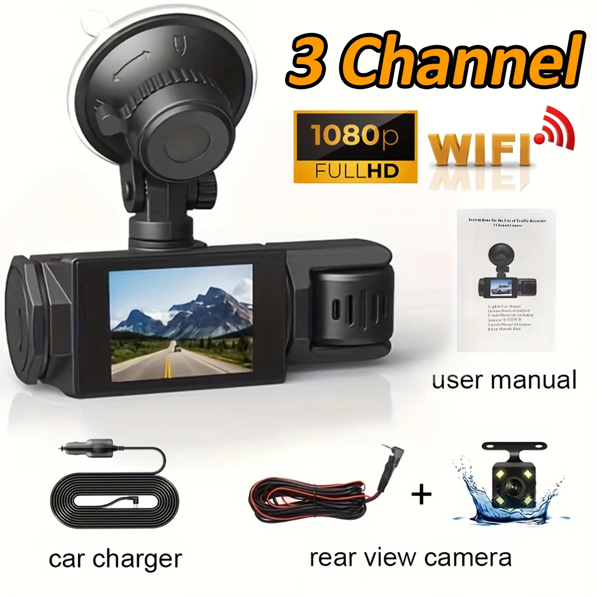 Cámara para coche (sin tarjeta SD, 3 canales), compatible con Wi-Fi, visión nocturna HD 1080p
