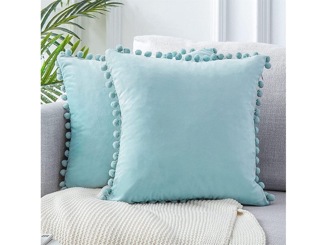2026-funda Almohada Decorativa Velvet Suave Con Pompones 45x45 Cm Paquete 2 Azul Agua