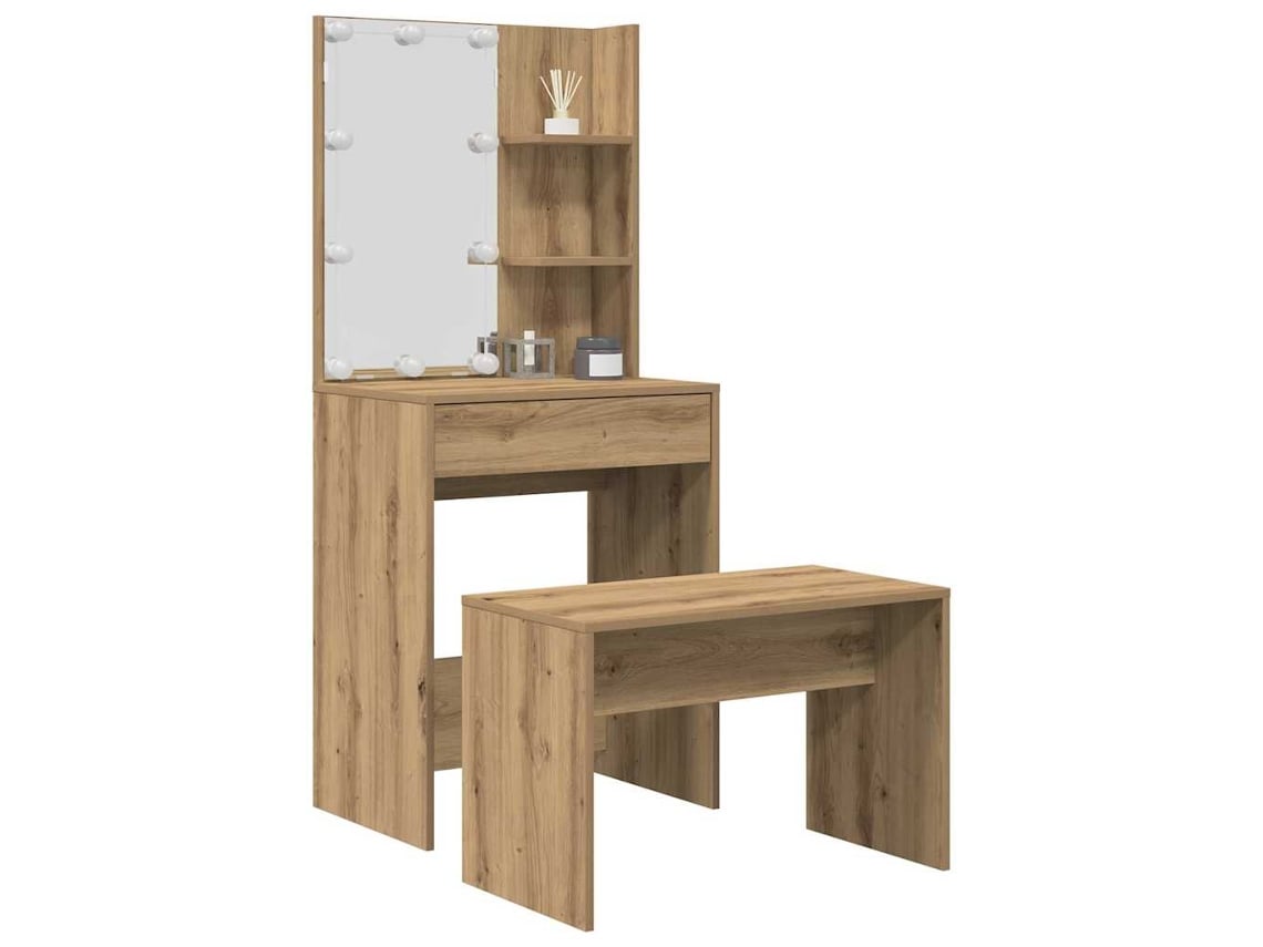 Juego De Tocador Con Led Madera Artesanal De Roble