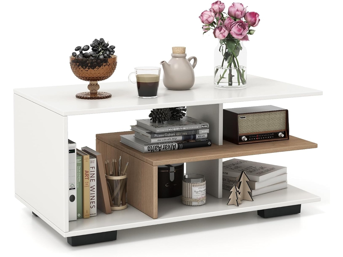 Mesa De Centro, Mesa De Salón Con Almacenamiento En 4 Niveles, Mesa De Café Rectangular Moderna Con Estante Medio En Forma De L (blanco )