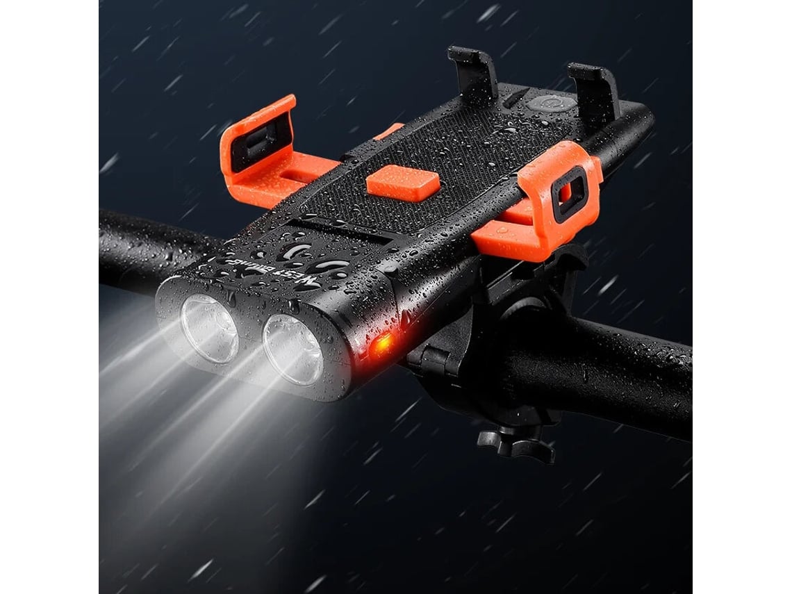 West Biking Farol 5 Em 1 500lm 3000mah Ipx5 4 Modos Power Bank Suporte Celular Buzina 130db Ciclismo Noturno
