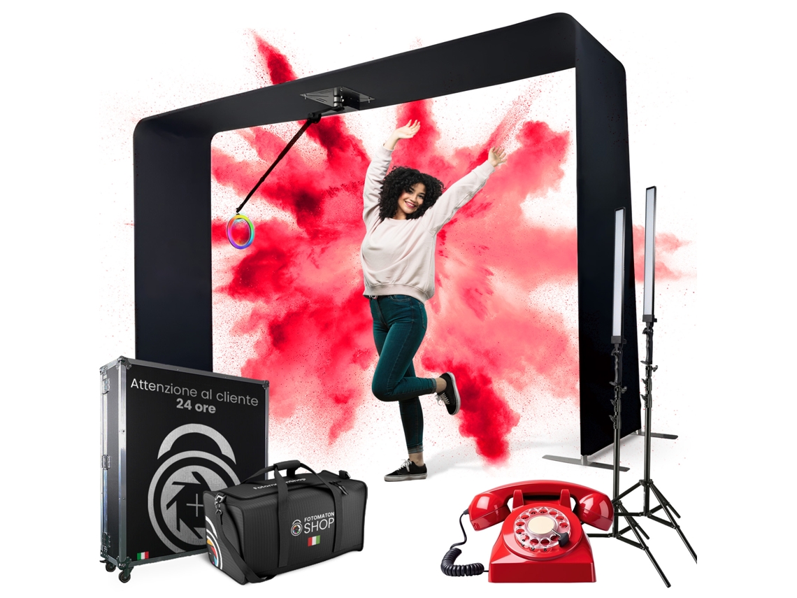 Fotomatón Superior 360, Fotomatón Aéreo 360 Sky - Capacidad +12 personas, Teléfono Audiolibro + 2 Proyectores LED + 2 mandos + Gabinete