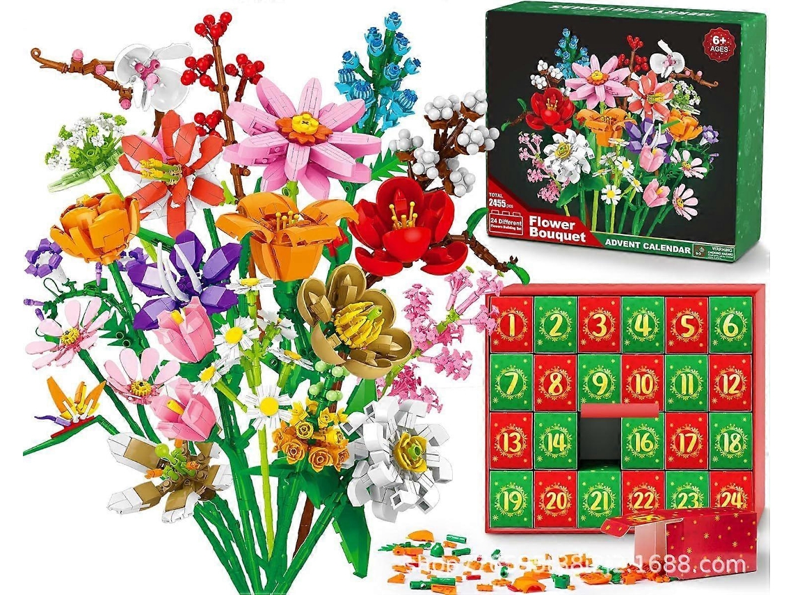 Calendario de Adviento 2025 con ramo de flores y bloques de construcción, caja sorpresa navideña con ramo de girasoles. Tienda Olysi (24 días)