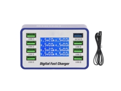 Cargador USB QC3.0 de 8 puertos con pantalla digital, 50 W, chip de potencia PWM y detección automática.