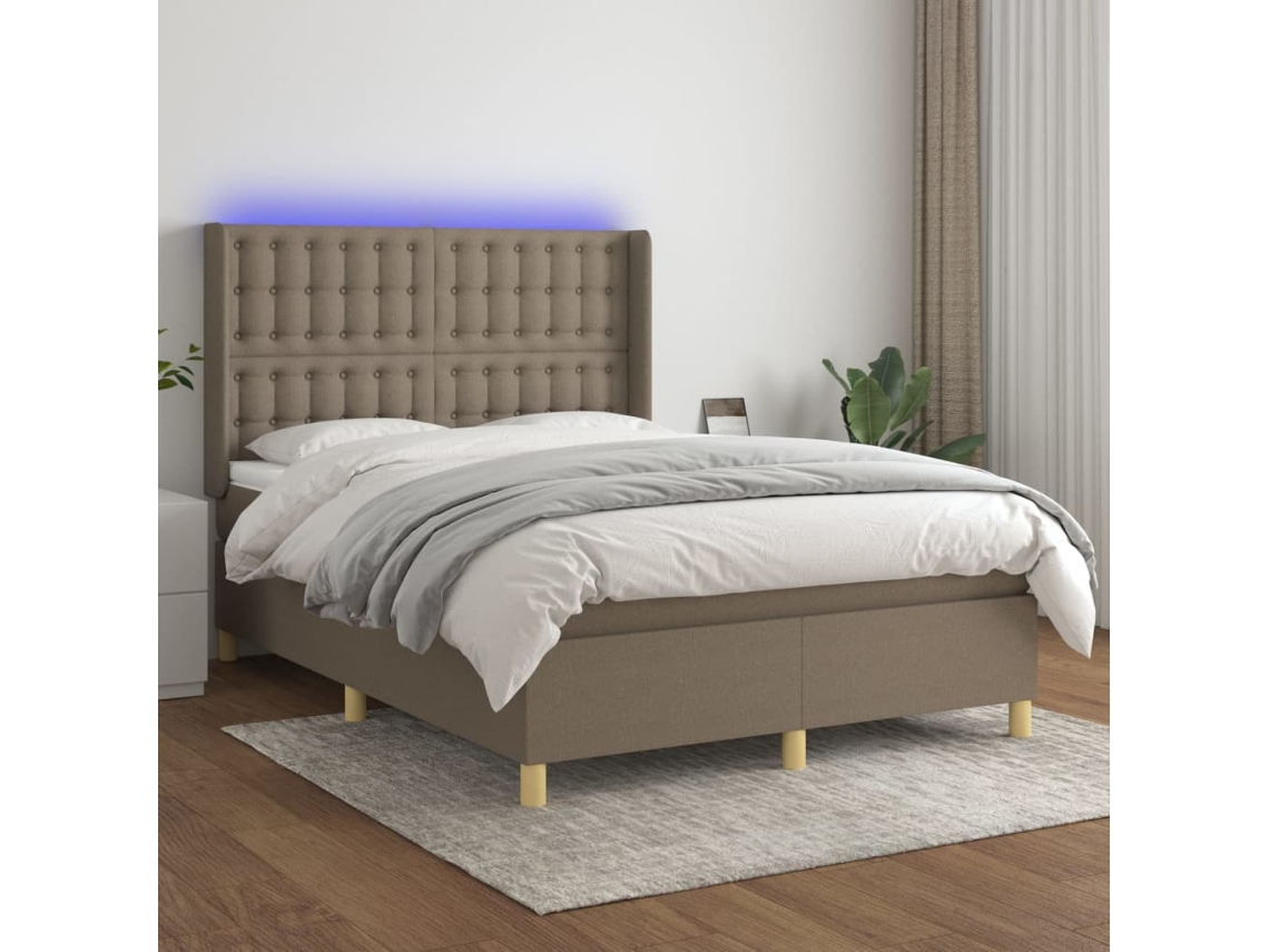 Cama Box Spring Colchón Y Luces Led Tela Gris Taupe 140x200 Cm