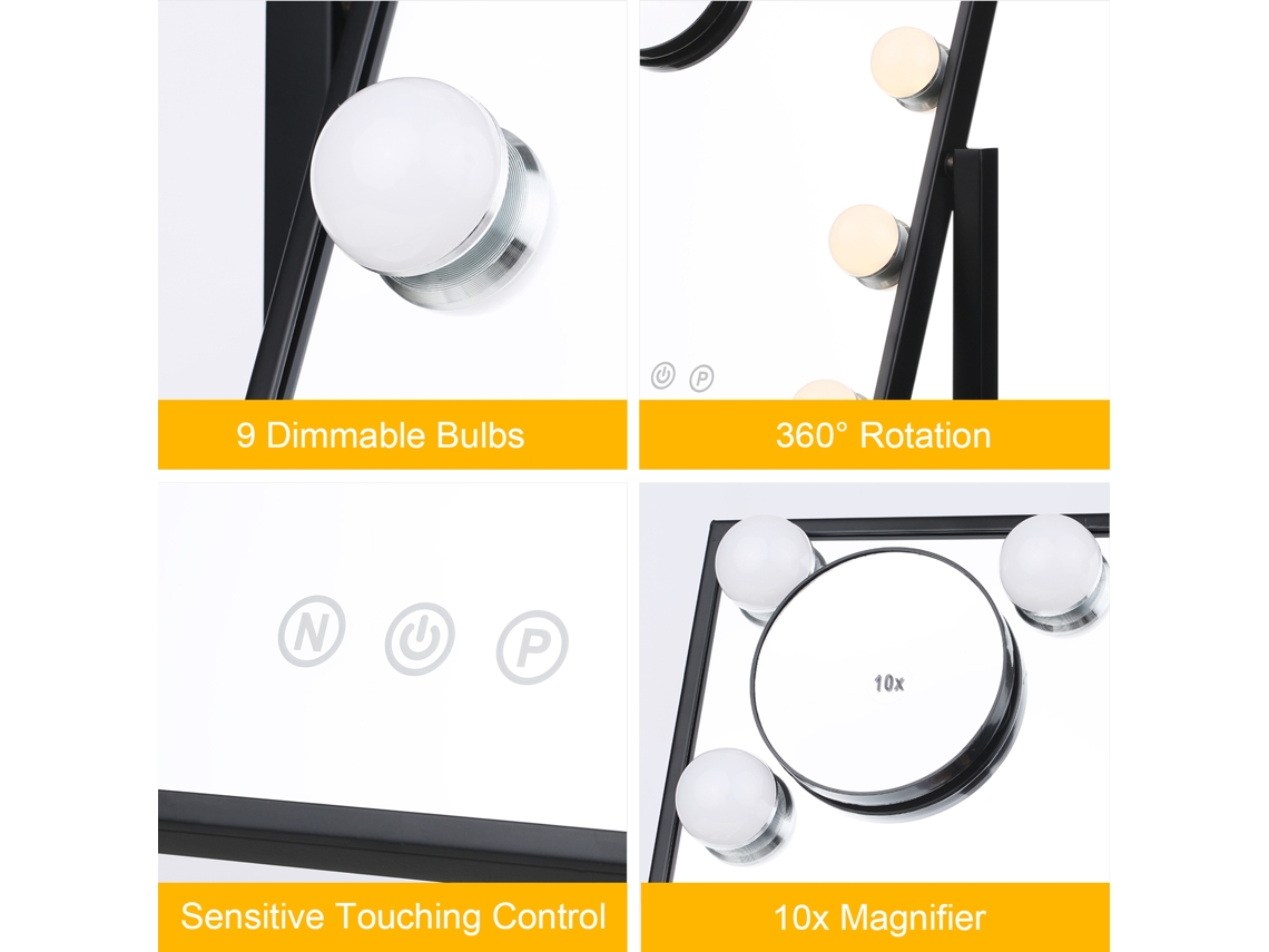 Yncm2026-espejo De Maquillaje Con 9 Bombillas, 3 Modos De Luz, Control Táctil, 10x Lupa Desmontable Y Regulable Para Mesa De Vestir