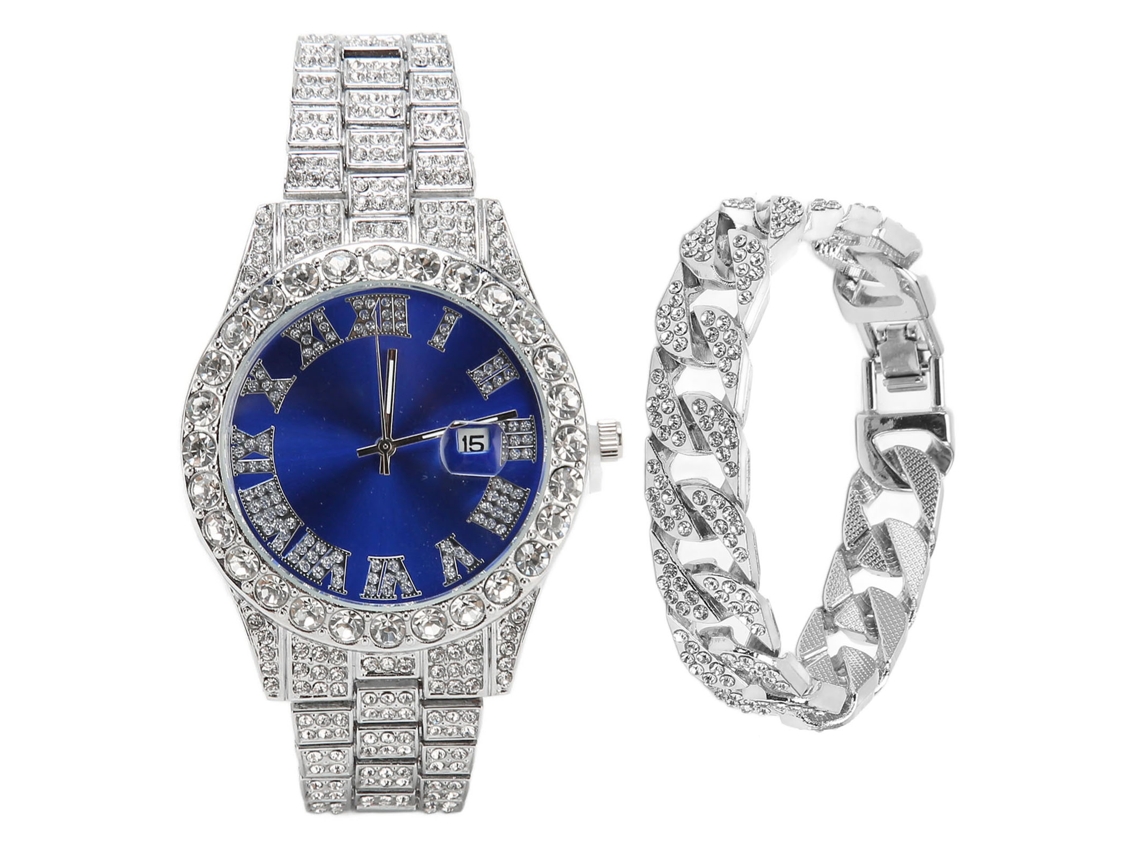 Reloj De Cuarzo Plateado Con Esfera Azul, Brazalete De Acero Inoxidable Y Calendario.