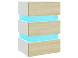 Mesita de noche con luces LED, acabado a base de madera, blanco y Sonoma, MAISON EXCLUSIVE