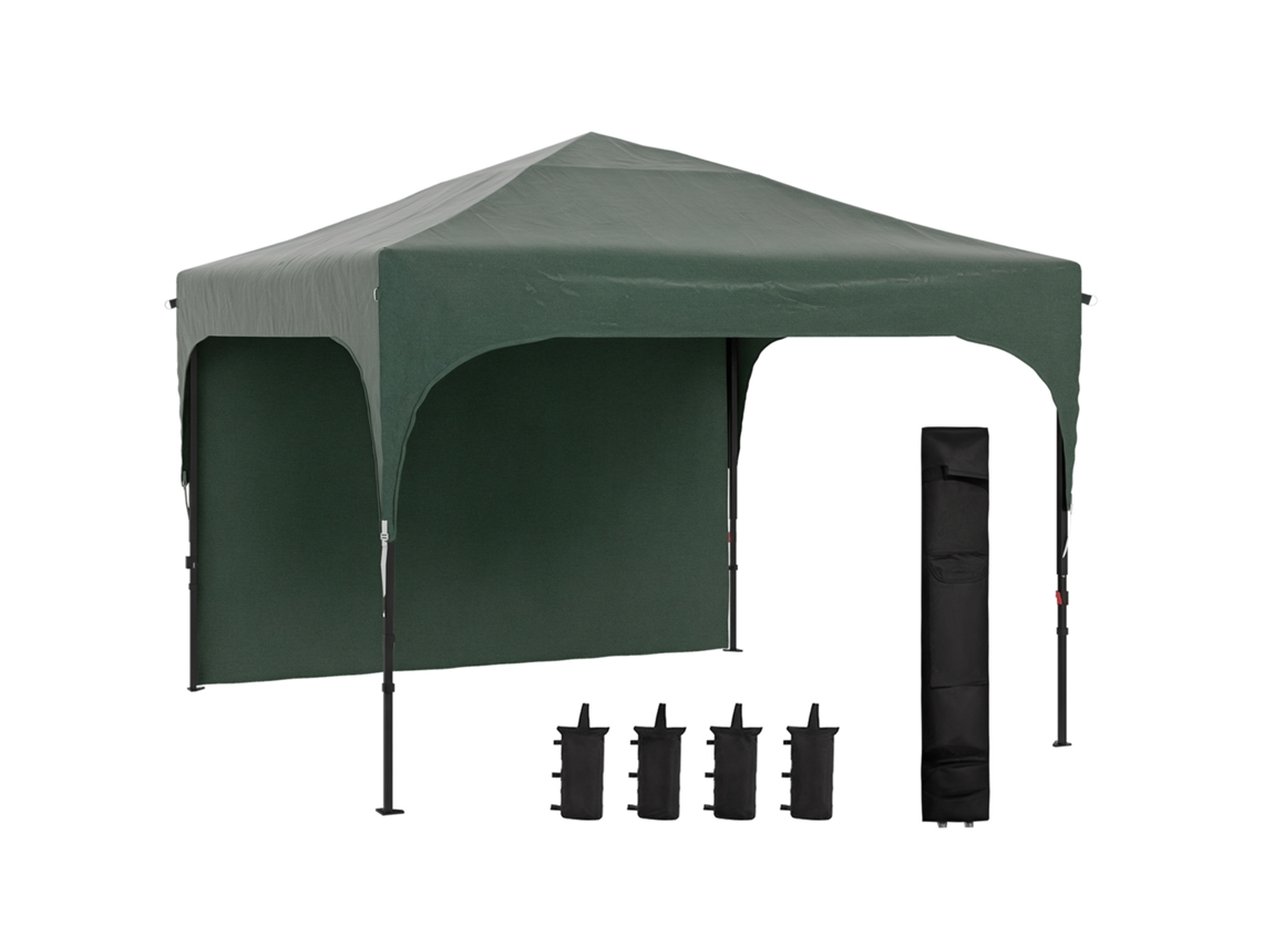 Tenda Dobrável Com Altura Ajustável 1 Parede Lateral Teto Com Ventilação 4 Sacos De Areia E Bolsa De Transporte 3x3 M Verde