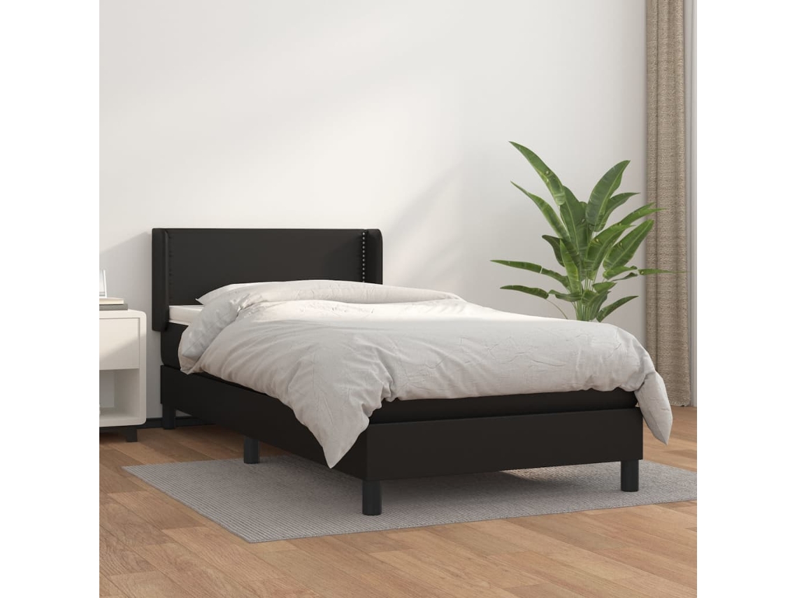 Cama Box Spring Con Colchón Cuero Sintético Negro 100x200 Cm
