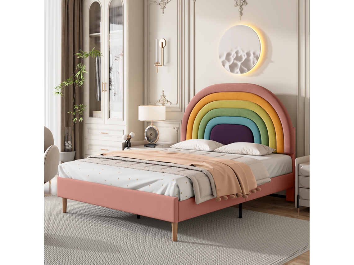 Cama Tapizada Rosa De 140x200 Cm Con Cabecero De Listones Ajustable.