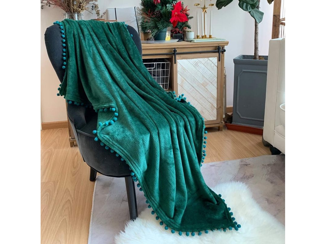2026-manta Flannel Con Flecos De Pompom Ligera Suave Para Cama Sofá Todo Temporada (verde Esmeralda, 51''x59'')