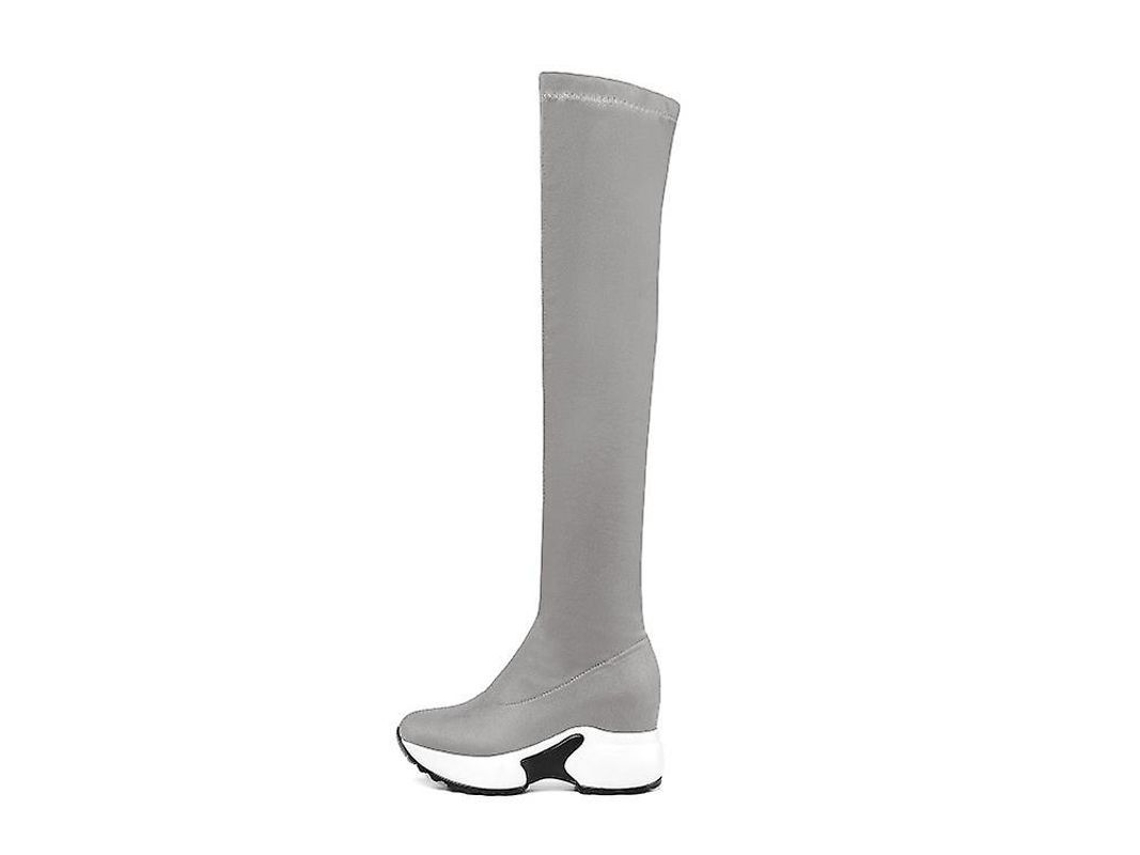 2026-botas De Mujer De Tela Elástica Con Punta Redonda Y Tacón Wedge, Altura Sobre Rodilla, Talle 9 Cm