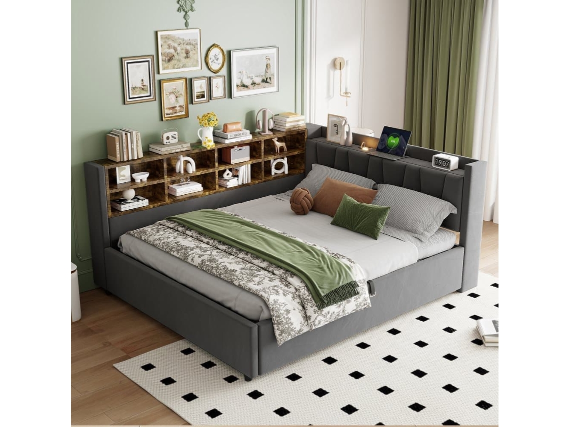 Sofá Cama 140x200 Cm, Almacenaje Hidráulico, Luz Nocturna, Usb/type-c, Estantes, Compartimentos, Cabecero Acolchado, Terciopelo, Gris Oscuro