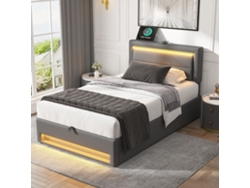 Cama Tapizada 90x190 - Con Usb, Led Y Almacenamiento, Sin Colchón - Gris