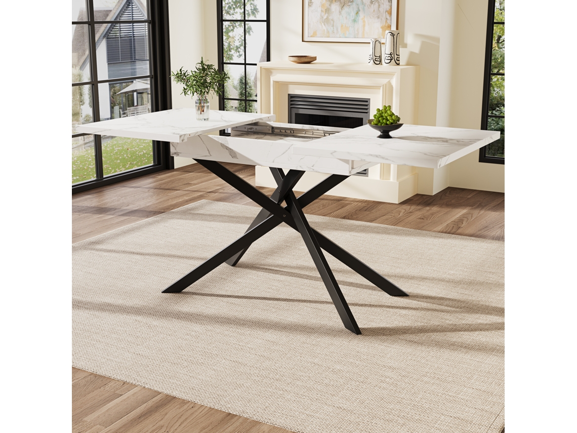 Mesa De Comedor Extensible (120-160 Cm), Patas De Forja Negra En Forma De Cruz, Tapa De Mármol Blanco.