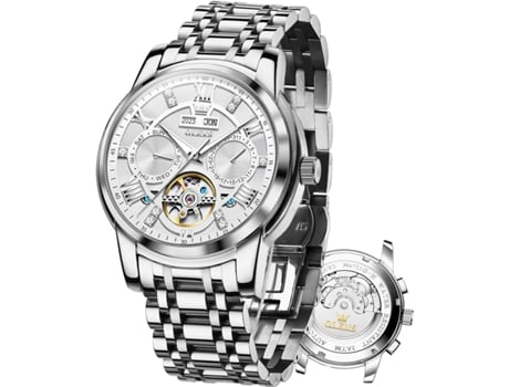 VEANXIN Reloj impermeable luminoso hueco mecánico automático de negocios de lujo para hombres(plata y blanco)