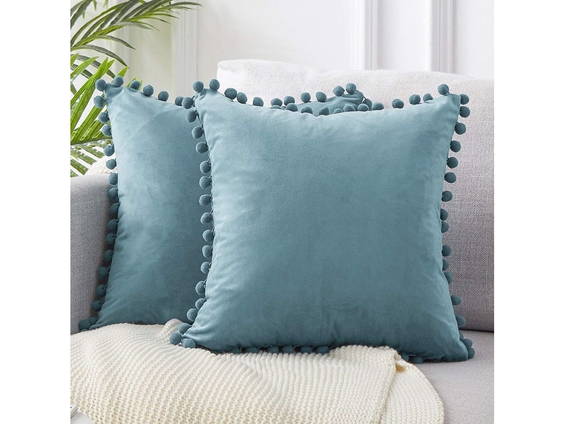 2026-fundas De Almohadas Decorativas De Terciopelo Suave Con Pompones 18x18 Pulgadas Paquete De 2 Azul Claro