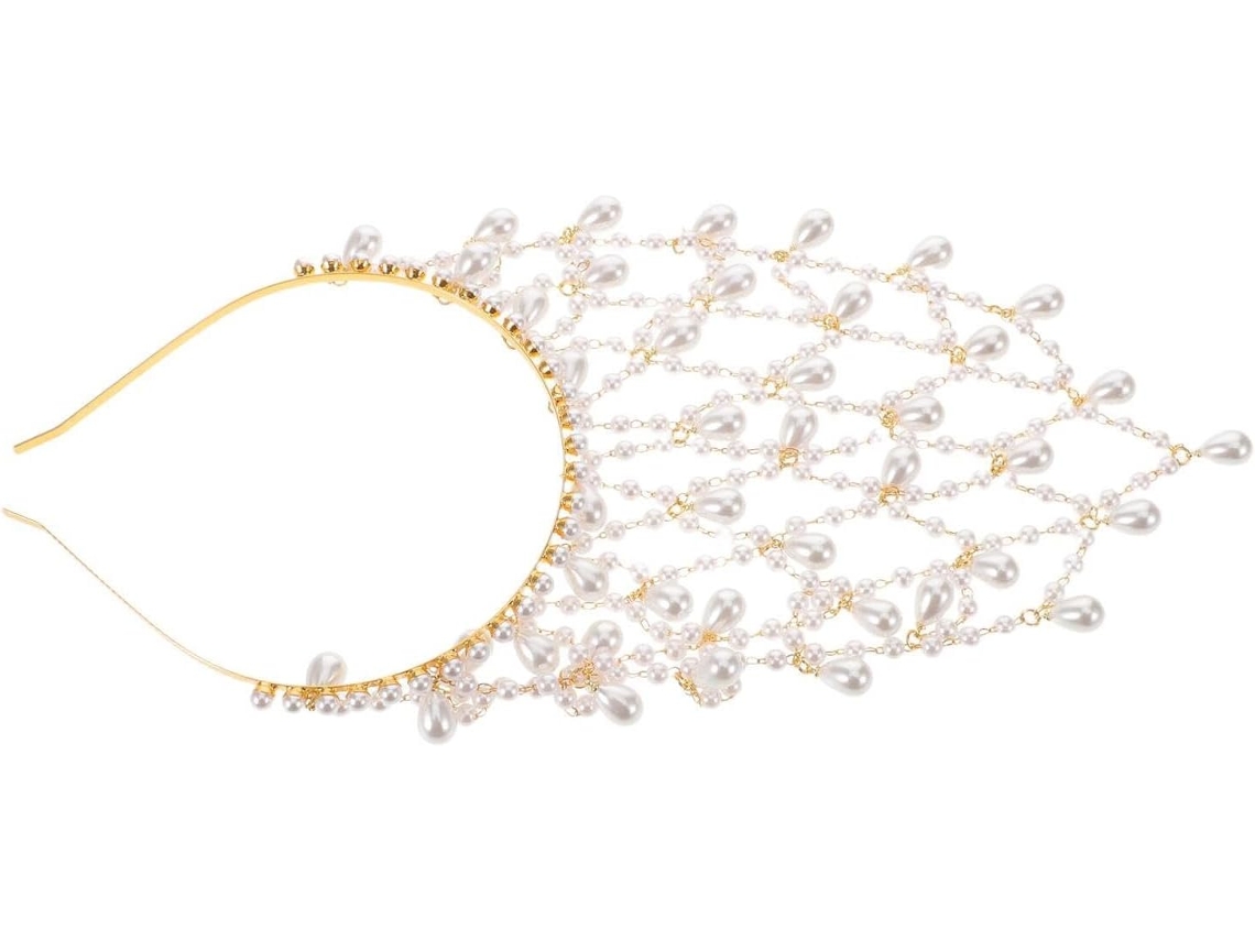 Tiara Boêmia Em Tule Adornada Com Pérolas Douradas Artificiais.