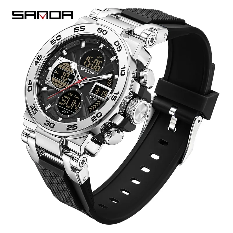 Reloj De Hombre Multifuncional Con Cronógrafo, Alarma Y Doble Pantalla (plateado Y Negro), Resistente Al Agua.