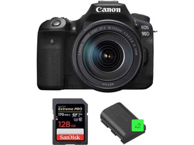 Kit Cámara Réflex CANON EOS 90D + 18-135mm f/3.5-5.6 IS USM + SanDisk 128GB + 2 LP-E6N