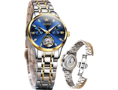 VEANXIN Reloj luminoso impermeable con fase lunar Tourbillon de diamantes automático para mujer(esfera azul)