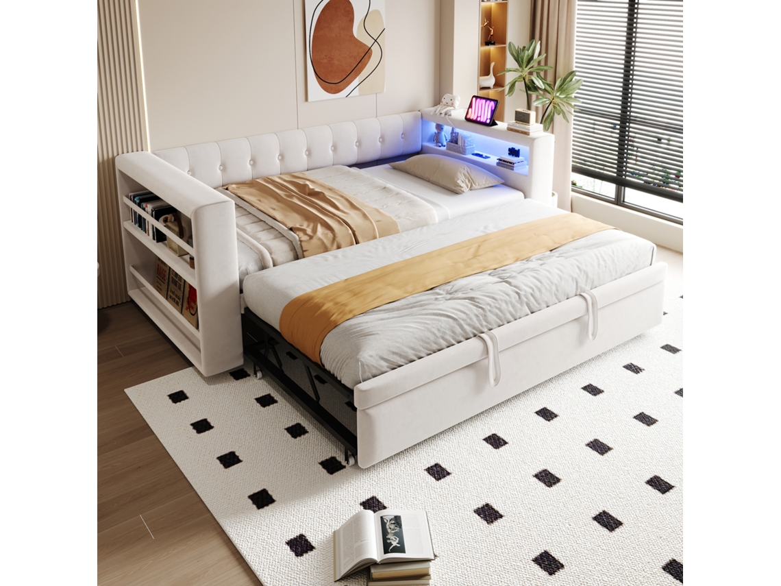 Sofá Cama Tapizado De 90/180x190 Cm Con Enchufes Led Y Espacio De Almacenamiento, Color Beige.