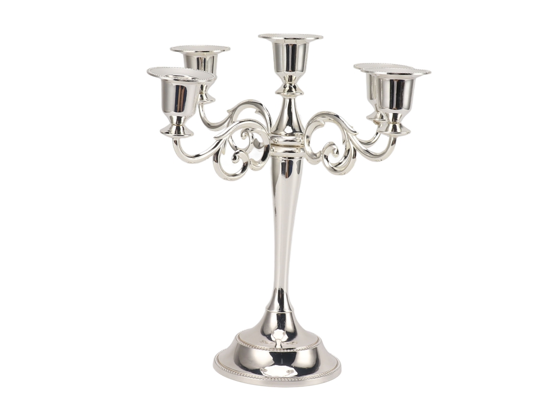 Portavelas retro de hierro de 5 brazos, color plata, para el hogar o la iglesia.