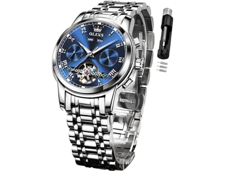 VEANXIN Reloj Automático para Hombre Reloj Mecánico de Negocios de Acero Inoxidable Multicalendario Reloj Luminoso Impermeable(azul plateado)