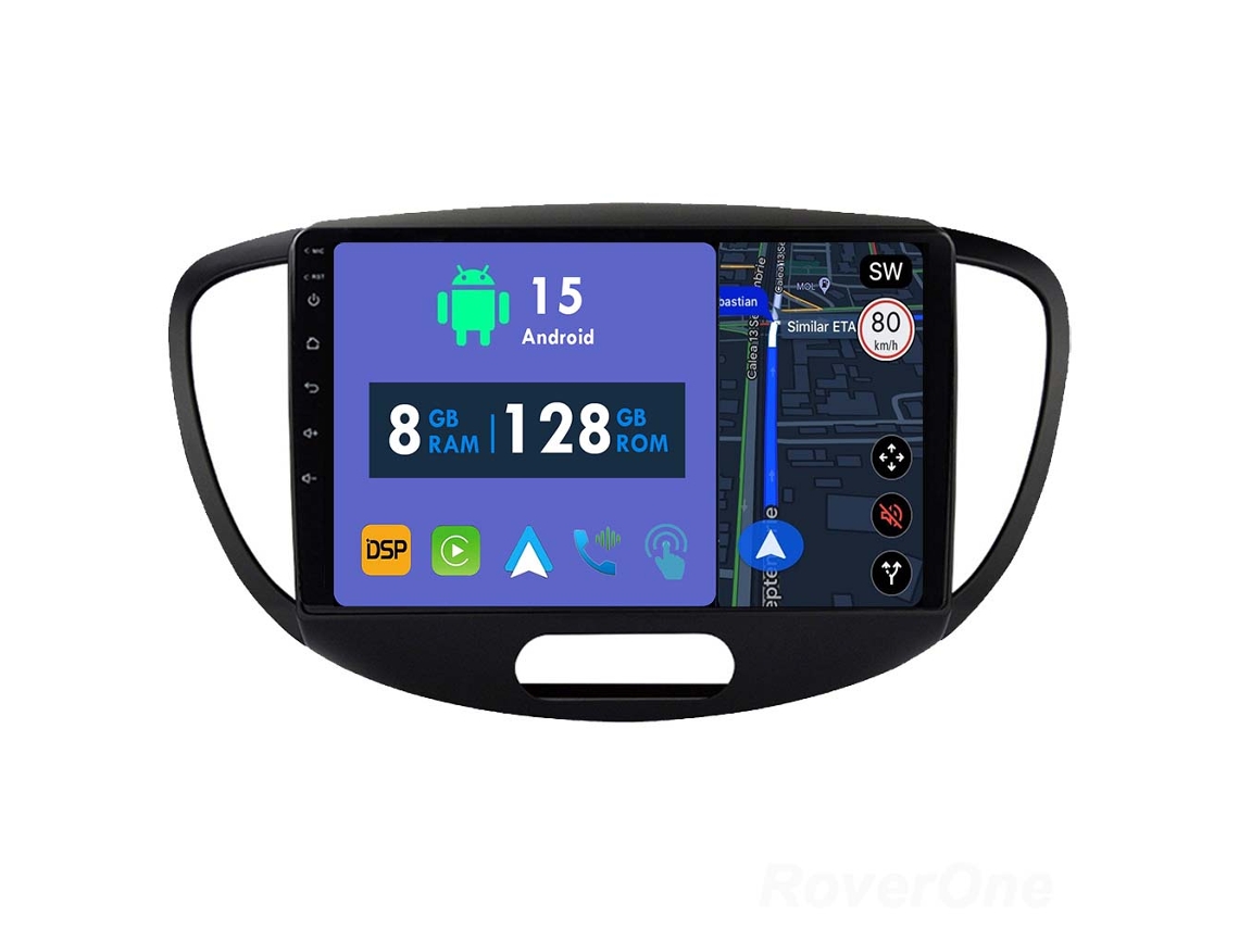 Coche Radio Android Auto Autoradio 8GB RAM 128G ROM CarPlay Navegación GPS Pantalla Táctil RoverOne para Hyundai i10 2007 - 2013 