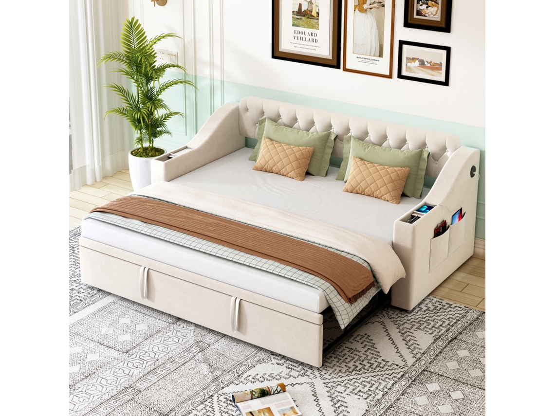 Sofá Cama De 90/180x190 Cm, Terciopelo Beige, Bolsillos Para Almacenamiento Usb, Somier De Láminas.