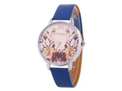Reloj De Pulsera Informal De Estilo Coreano Con Estampado Floral Y Correa De Cuero Azul.
