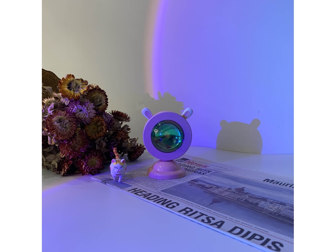 Minilámpara portátil de proyección romántica de puesta de sol con orejas de conejo y luz de orquídea arcoíris para el hogar.