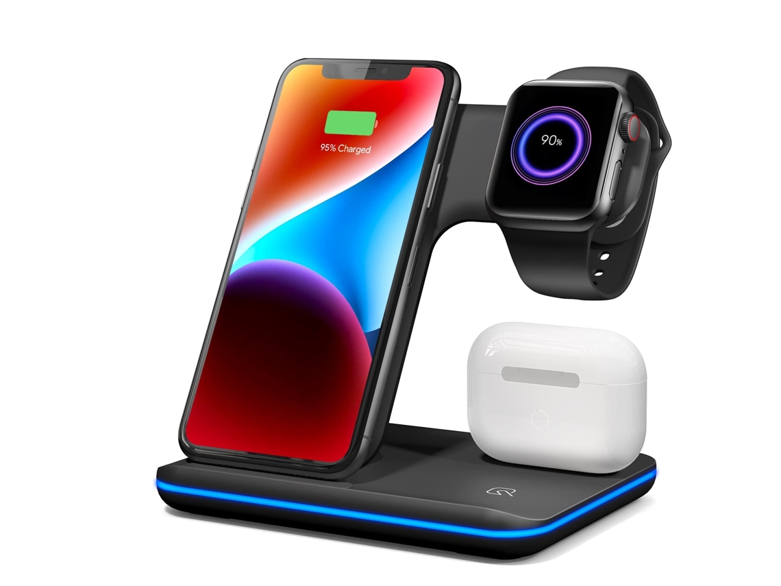 Cargador inalámbrico 3 en 1, estación de carga inalámbrica para iPhone 15/14/13/12/11 y Apple Watch 8/7/6/5/4/3/2/SE, base de carga para AirPods 1/2/3/ Pro/Pro 2 con puerto CHRONUS